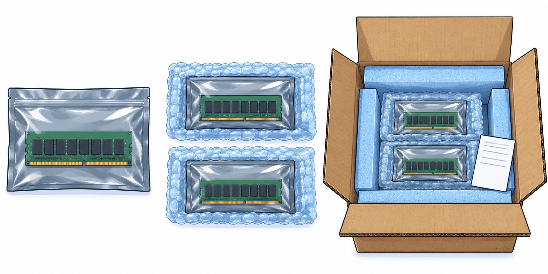 Cartoon sequence: RAM enclosed in a silver static-shielding bag, individually bagged modules cushioned separately, then protected modules inside a padded cardboard box with an inventory slip.