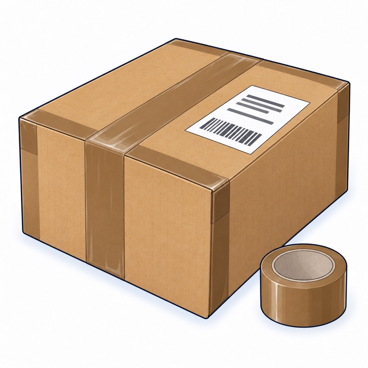 Cartoon of a closed cardboard parcel sealed with wide brown packing tape across the centre and edge seams, with a white postage label flat on top and a roll of strong parcel tape beside it.